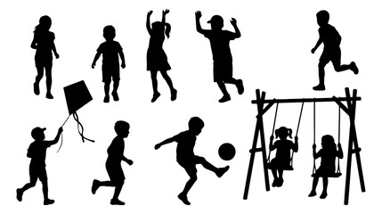 Naklejka premium Black silhouette children playing, kids recreational activities, playground fun, vector icons