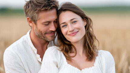 Obraz premium Romantic couple embracing in sunny wheat field showcasing trust and happiness