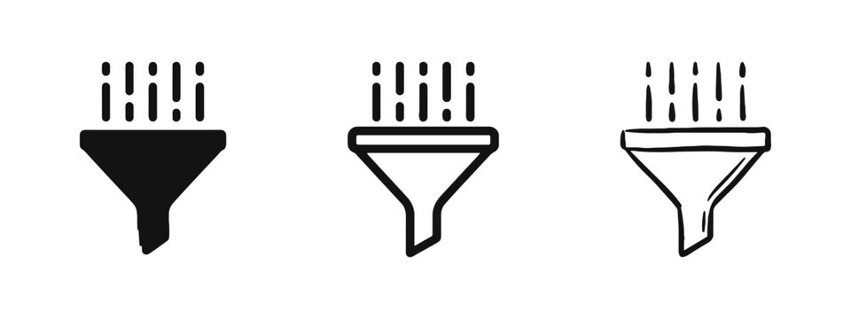 Data Funnel Filter or Sorting Process Icons in Solid, Outline, and Hand-Drawn Doodle Styles