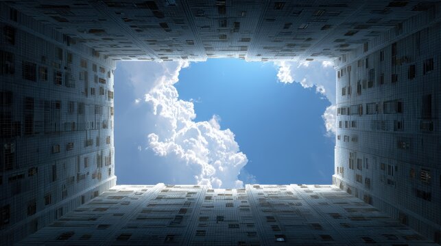 Skyscape Embrace: Gazing upward, a square of clear blue sky and fluffy clouds frames a captivating view, offering an uplifting contrast to the geometric form of buildings.