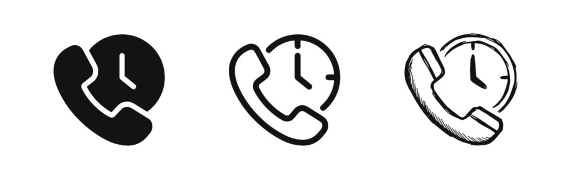 Phone Handset and Clock Call Schedule Icons in Solid, Outline, and Hand-Drawn Doodle Styles