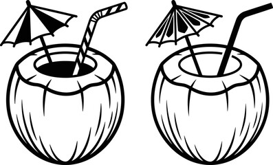 Fresh Coconut Drink with Umbrella and Straw - Tropical Beverage Icon © Tulippp