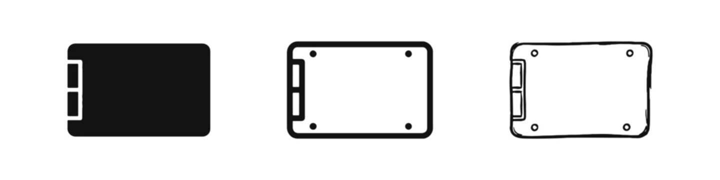 Computer SSD Storage Solid State Drive Icons in Solid, Outline, and Hand-Drawn Doodle Styles