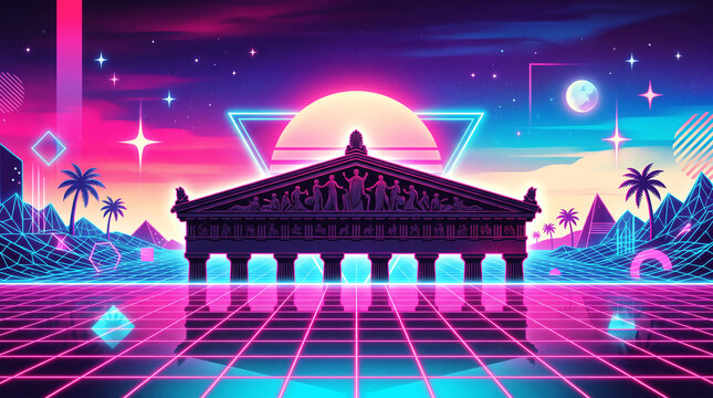 Vaporwave Greek temple pediment silhouette over neon grid