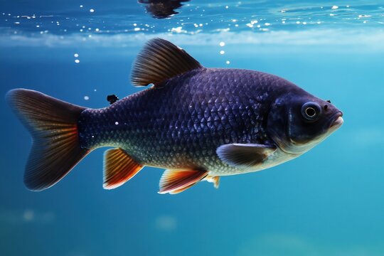 Dark pacu fish swims in clear blue aquarium water. Aquatic animal with scales and fins floats near surface, bubbles drift upwards. Freshwater creature in tank.