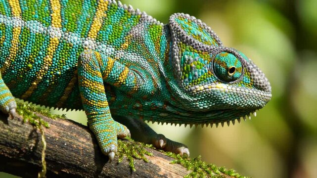 Macro profile view of a vibrant blue and yellow chameleon resting on a mossy tree branch, showcasing intricate scale patterns, skin texture, and its unique conical eye structure.