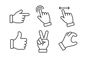 Obraz premium Set of Six Hand Gestures Icons Pointing, Tapping, Swiping, Thumbs Up, Peace Sign, Pinching
