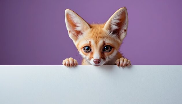 Cute Fennec Fox Peeking Over White Board, Purple Background - Illustration with Space for Text or Design