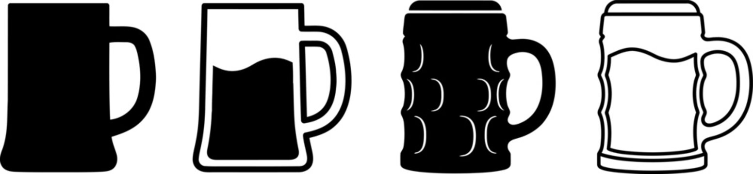 Set of four different beer mugs and glasses with frothy drinks inside