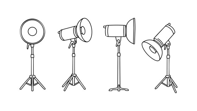 Minimalist continuous black line art vector illustration of professional photography studio lighting equipment including tripods softboxes and strobe flashes isolated on bright white background