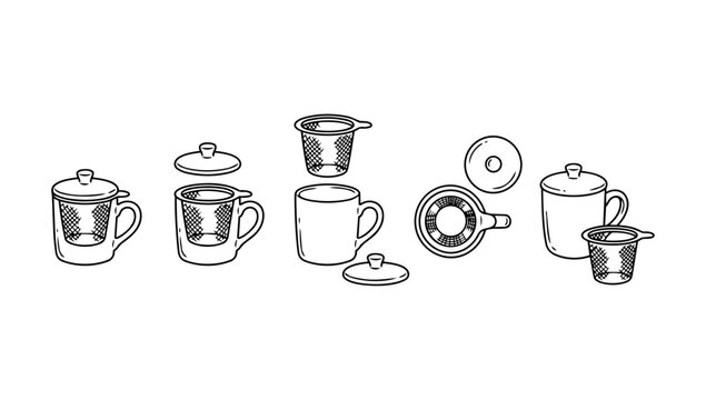 Minimalist continuous black line art vector illustration showcasing glass teacups and loose leaf tea infuser strainers for aromatic hot beverage preparation and cafe menus isolated on white background