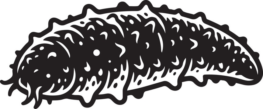 Black and white illustration of a sea cucumber a marine invertebrate with a spiky textured body isolated on a white background