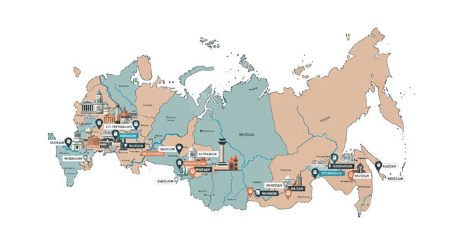 Map of Russia with highlighted cities and attractions, infographic style