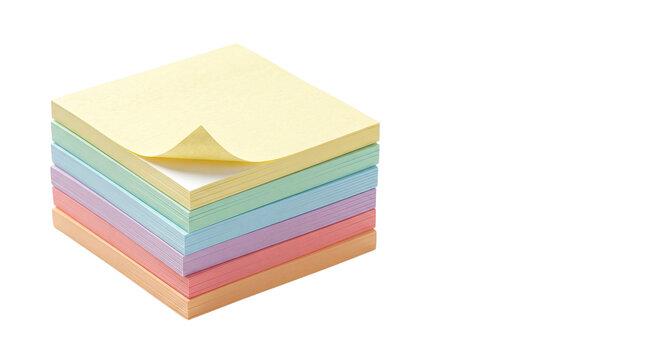 Colorful sticky notes stack in pastel colors, adhesive paper memo pads for office organization, blank square reminder notes for business planning isolated PNG with Transparent Background