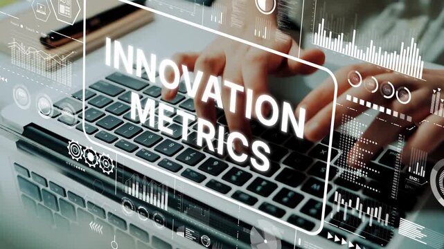 Hands Typing on Laptop Keyboard with Digital Innovation Metrics Overlay for Data Analysis and Technology Insights. Asymptotic smart data analytic.