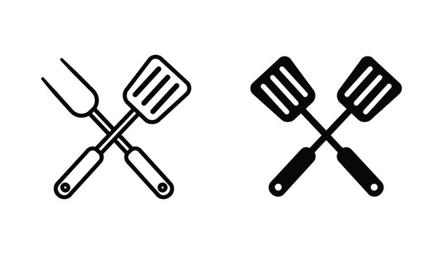 Crossed spatula and grill fork icon set in outline and solid black styles for barbecue and cooking related designs