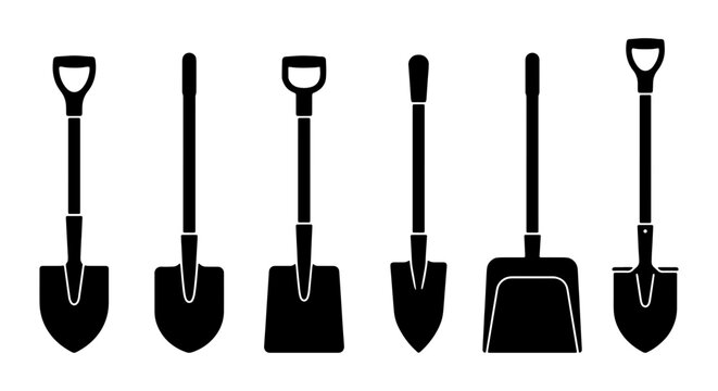 Set of six black shovel icons, garden tools, digging equipment, construction implements, vector illustration