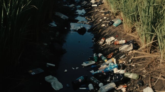 Polluted ditch choked with plastic bottles bags and other waste. Dirty water flows between reeds and tall grass. Environmental problem of rubbish contamination and global warming.