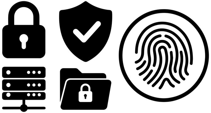 Digital security icons featuring a fingerprint padlock shield server and a locked folder for data protection