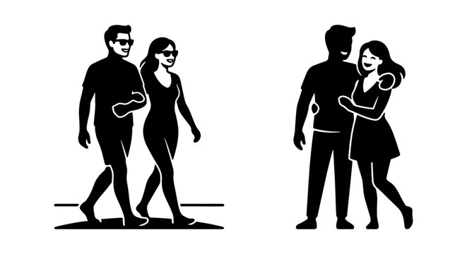Couple Silhouettes, Romantic Pair Walking Together, Affectionate Embrace, Vector Icons for Love and Relationships
