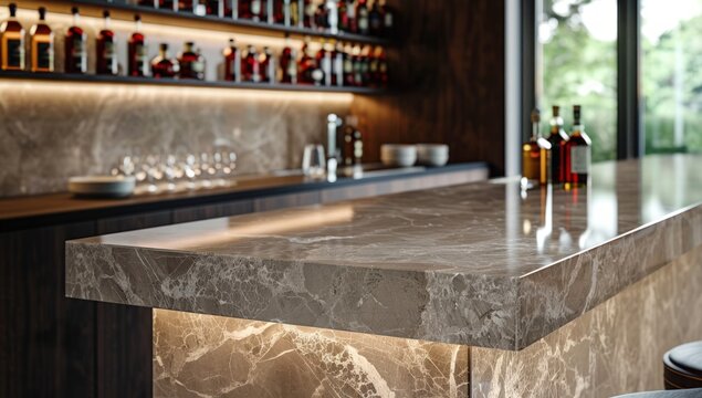 Luxurious modern bar with marble counter, glowing lights, and rows of liquor bottles