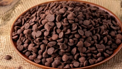 Fototapeta premium Bowl of Dark Chocolate Chips on Burlap Fabric.