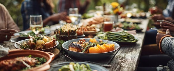 Obraz premium Group sharing cultural meal enjoys vibrant textured dishes around a rustic wooden table outdoors.