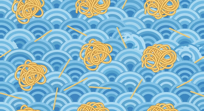Seamless pattern of ramen noodles and Japanese wave background