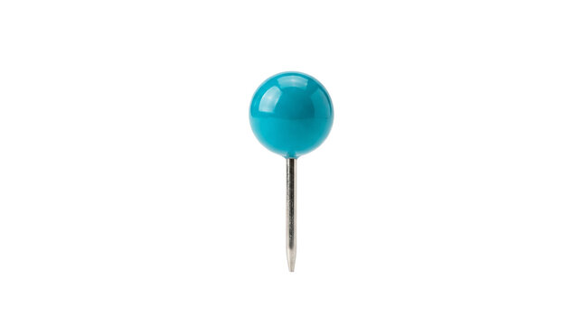Cyan blue push pin with round plastic head, sharp metal map tack for office organization, glossy turquoise thumbtack for marking locations isolated PNG with Transparent Background