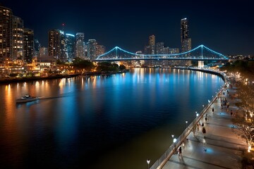 Obraz premium Night city skyline featuring illuminated bridge riverside walkway with strolling people reflections