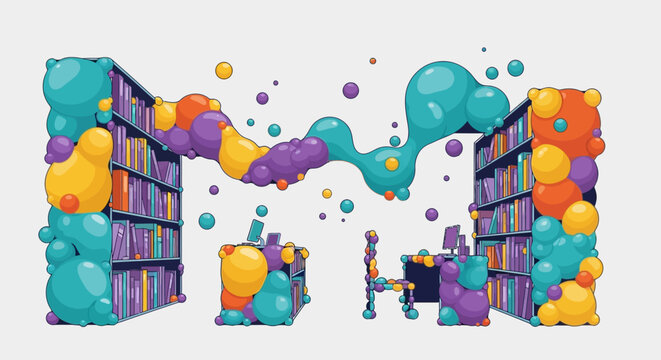 Whimsical 3D library with bubbly organic shapes and colorful scattered spheres