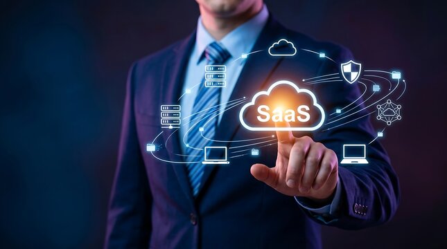 Businessman's Hand Engaging with Futuristic SaaS Cloud Computing Network