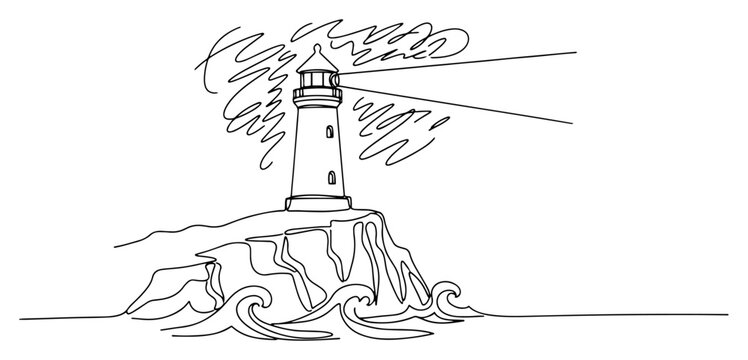 Minimalist continuous line art illustration of a lighthouse on a rocky cliff by the sea