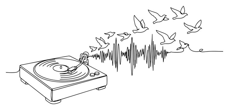 Continuous line drawing of turntable playing music transforming into flying birds