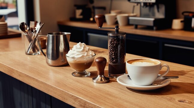 Barista prepares latte art coffee drink with cream. Coffee beans in grinder, pitcher, tamper on wooden counter. Espresso machine, cups in cafe background.