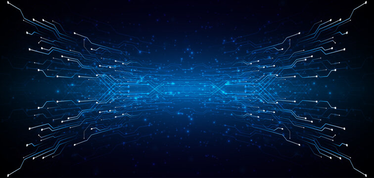 Blue glowing lines with glitter light effect on dark background. High speed internet technology concept or fast wireless data transmission. modern internet network connection technology background