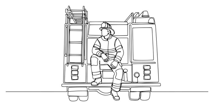 Minimalist single line drawing of a firefighter sitting on a fire engine truck