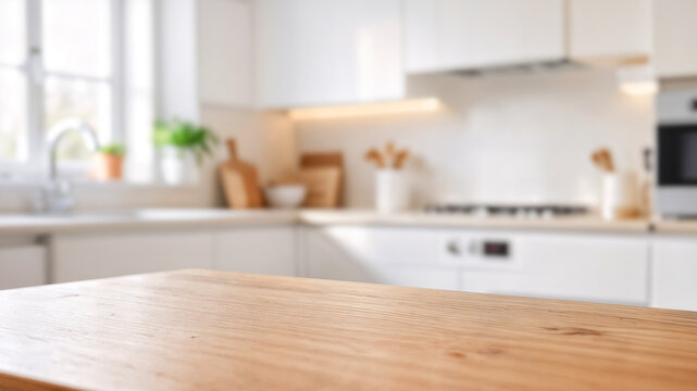 Clean kitchen counter background with wooden table for product showcase, modern domestic interior and natural lighting