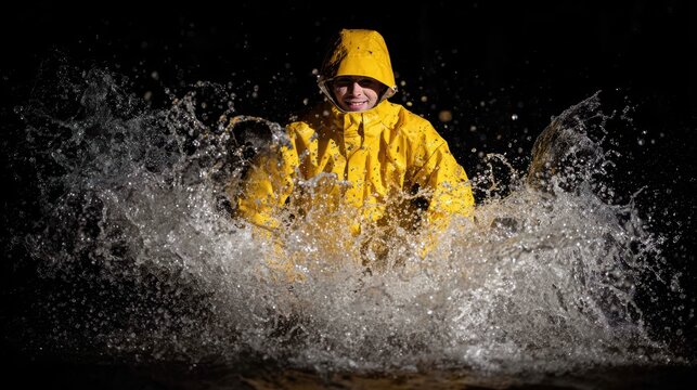Joyful Splash: A person in a vibrant yellow raincoat fearlessly strides through a burst of water, capturing a moment of pure, unadulterated joy.