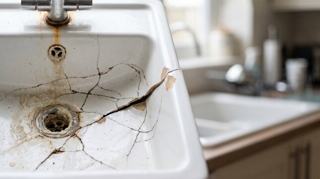 Cracked ceramic sink with heavy damage and stains. Highlighting broken porcelain, limescale buildup, and drainage issues in a kitchen or bathroom setting. Ideal for home insurance and