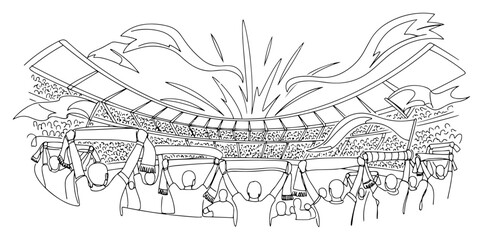 Fototapeta premium Minimalist line art of cheering fans at a stadium with flags and celebration