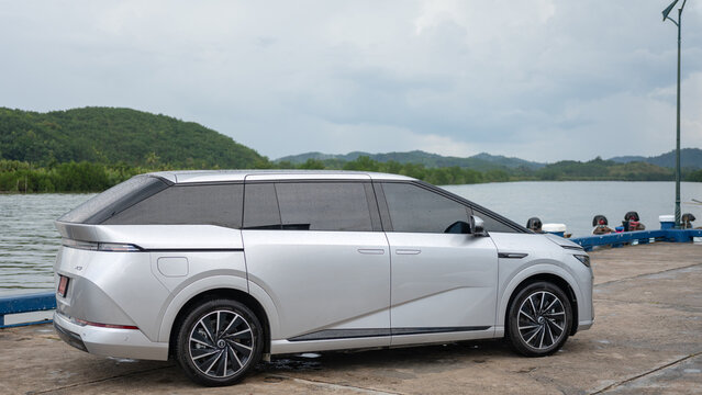 Thailand - 2 May 2026 : X Peng, top China famous technology EV car brand, is launch the new X9 as the ultra luxury MPV van with new intelligent chipset. The car is park with beuatiful rural place.