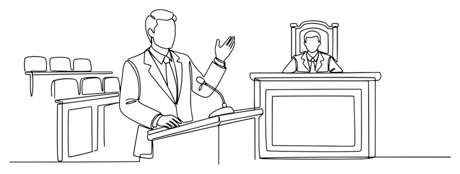 Lawyer or prosecutor delivering a speech in front of a judge in a minimalist courtroom setting
