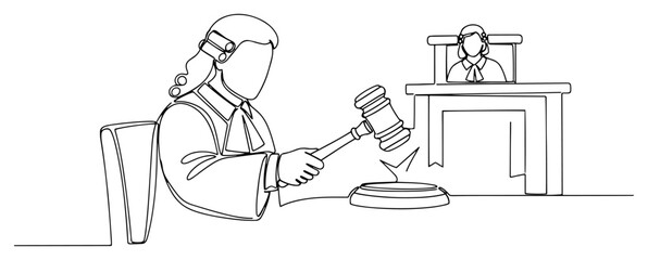 Traditional judge in a wig hitting a gavel during a courtroom trial proceedings © Alicja
