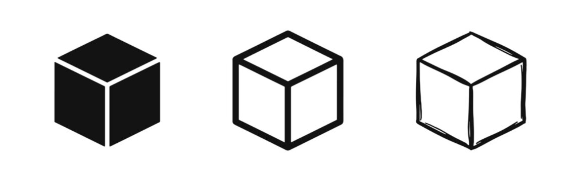 3D Cube Icons in Flat Outline and Hand Drawn Styles for Geometry and Math