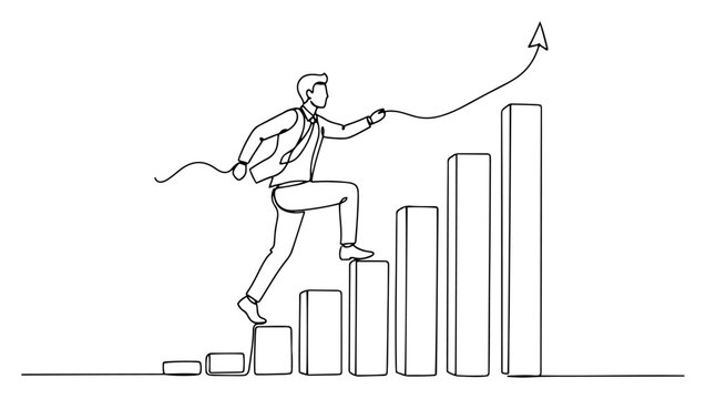 Businessman climbing growth chart stairs holding arrow pointing up sketch