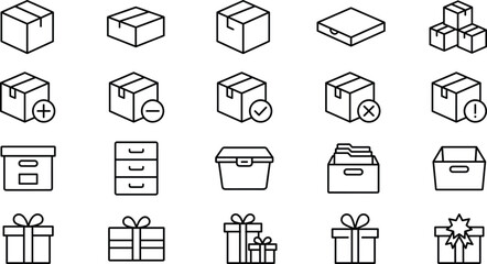 Minimal packaging and storage line icon set with boxes containers gifts and organization symbols for logistics use © Akhi's Vectornest