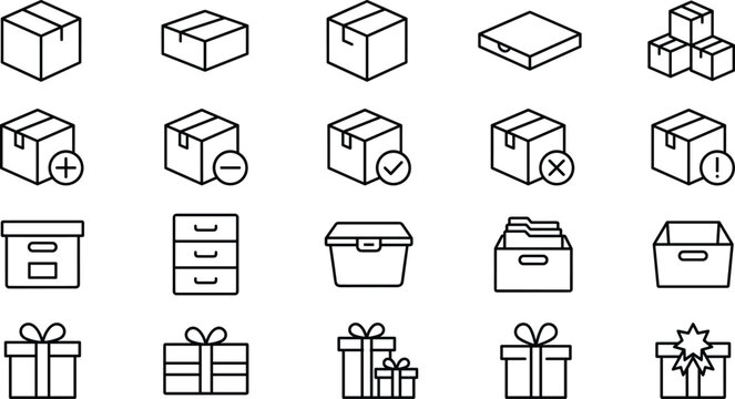 Minimal packaging and storage line icon set with boxes containers gifts and organization symbols for logistics use