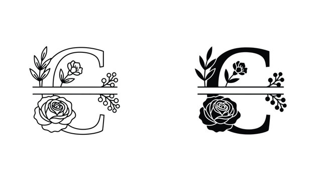 Floral letter C monogram vector split design with rose and leaves in black and white line art and solid silhouette style for wedding stationery and branding