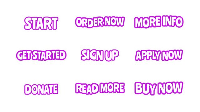Bouncy bubble outline action text animation set. Order and buy now on website. Sign up online. Get started app. Playful call-to-action typography collection. Animated jumping magenta letters overlays